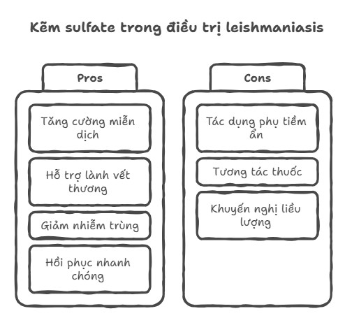 H&igrave;nh ảnh so s&aacute;nh lợi &iacute;ch (Pros) v&agrave; t&aacute;c hại (Cons) của kẽm sulfate trong điều trị leishmaniasis, bao gồm việc tăng cường miễn dịch, hỗ trợ l&agrave;nh vết thương, giảm nhiễm tr&ugrave;ng v&agrave; phục hồi nhanh ch&oacute;ng, c&ugrave;ng với c&aacute;c t&aacute;c dụng phụ như t&aacute;c dụng phụ ti&ecirc;m ẩn, tương t&aacute;c thuốc v&agrave; khuyến nghị liều lượng.