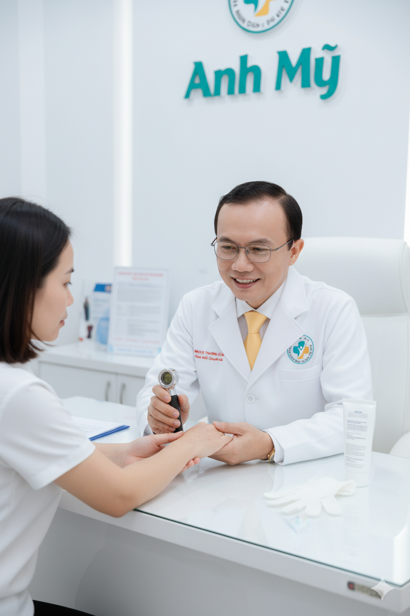 kinh-nghiem-dieu-tri-cham-to-dia-anh-my-clinic.png Bác sĩ Trương Lê Đạo đang thăm khám và tư vấn cho bệnh nhân chàm tổ đĩa tại Anh Mỹ Clinic TP.HCM.