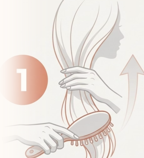 H&igrave;nh minh họa bước 1 trong c&aacute;ch chải t&oacute;c kh&ocirc;ng rụng: một tay giữ chặt th&acirc;n t&oacute;c v&agrave; tay kia chải tơi phần ngọn trước để gỡ rối.