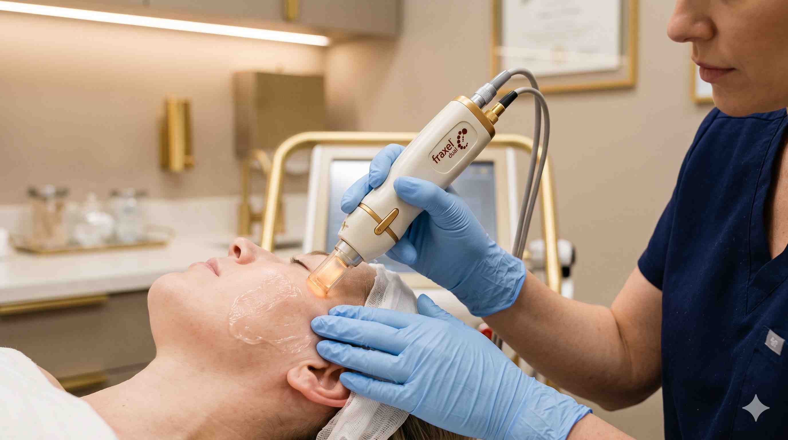 B&aacute;c sĩ da liễu thực hiện điều trị laser cải thiện lỗ ch&acirc;n l&ocirc;ng to tại cơ sở y tế chuy&ecirc;n khoa.
