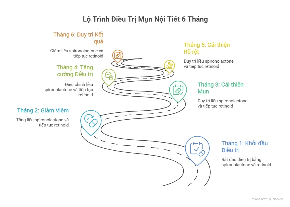 Infographic m&ocirc; tả lộ tr&igrave;nh 6 th&aacute;ng điều trị mụn tuổi dậy th&igrave; nữ bằng spironolactone, retinoid v&agrave; peel da.
