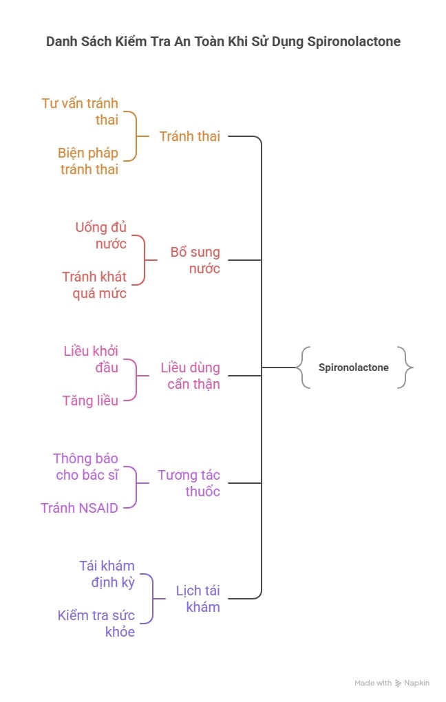 H&igrave;nh infographic m&ocirc; tả c&aacute;c lưu &yacute; an to&agrave;n khi d&ugrave;ng spironolactone cho b&eacute; g&aacute;i 14&ndash;18 tuổi: tr&aacute;nh thai, uống đủ nước, t&aacute;i kh&aacute;m định kỳ.
