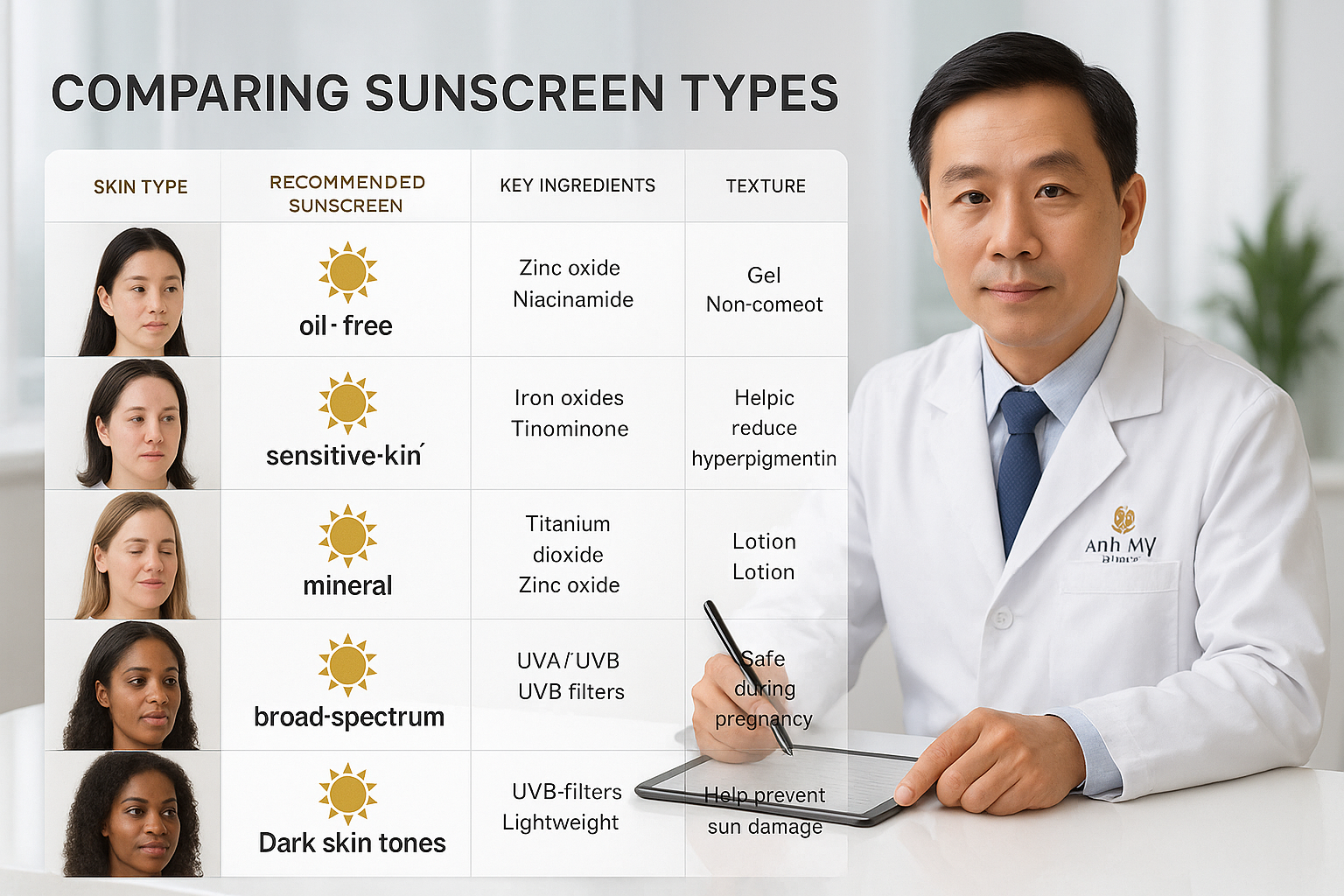 ma-tran-chon-kem-chong-nang-theo-loai-da.png Infographic ma trận so sánh các loại kem chống nắng theo loại da mụn, nám, nhạy cảm và thai kỳ.