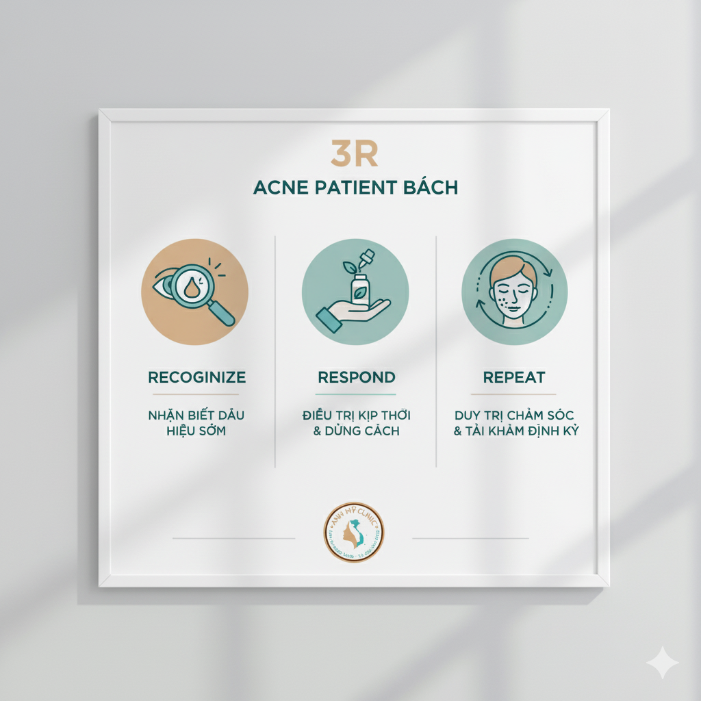 Infographic m&ocirc; h&igrave;nh 3R trong hướng dẫn bệnh nh&acirc;n mụn: Nhận biết &ndash; Phản ứng đ&uacute;ng &ndash; Duy tr&igrave;.