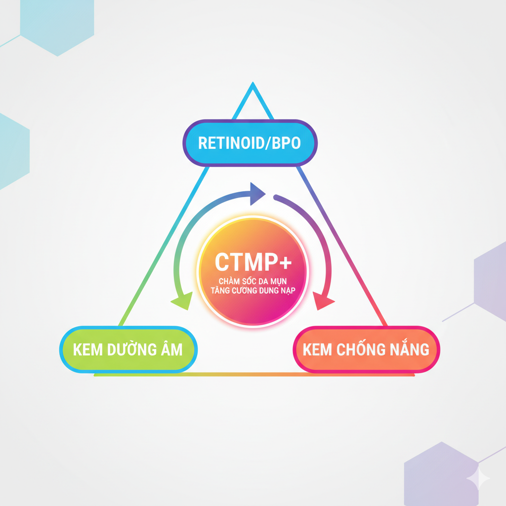 Sơ đồ tam gi&aacute;c dung nạp trong điều trị mụn gồm ba yếu tố: thuốc, chất giữ ẩm v&agrave; chống nắng.
