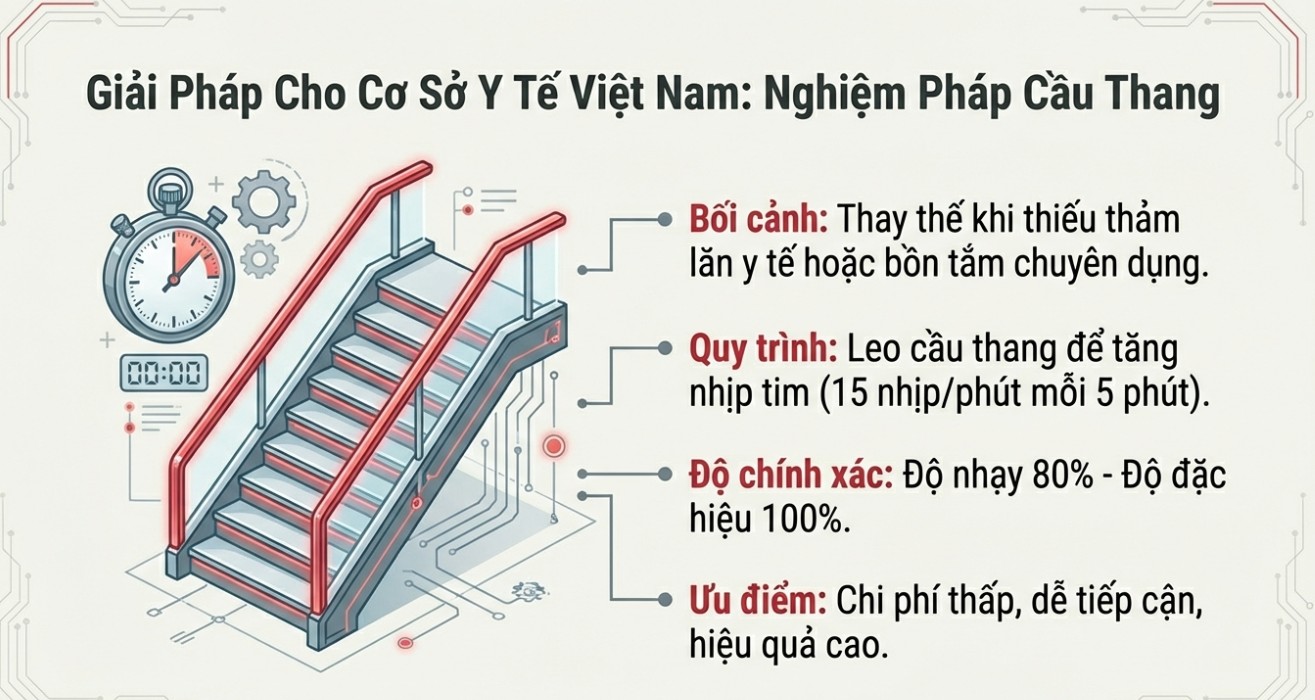 Infographic m&ocirc; tả Nghiệm ph&aacute;p Cầu thang (Stair Test) - giải ph&aacute;p chẩn đo&aacute;n mề đay cholinergic ph&ugrave; hợp với cơ sở y tế Việt Nam. H&igrave;nh ảnh minh họa quy tr&igrave;nh leo thang bộ để tăng nhịp tim, với độ nhạy 80% v&agrave; độ đặc hiệu 100%, gi&uacute;p thay thế thảm lăn hoặc bồn tắm chuy&ecirc;n dụng.
