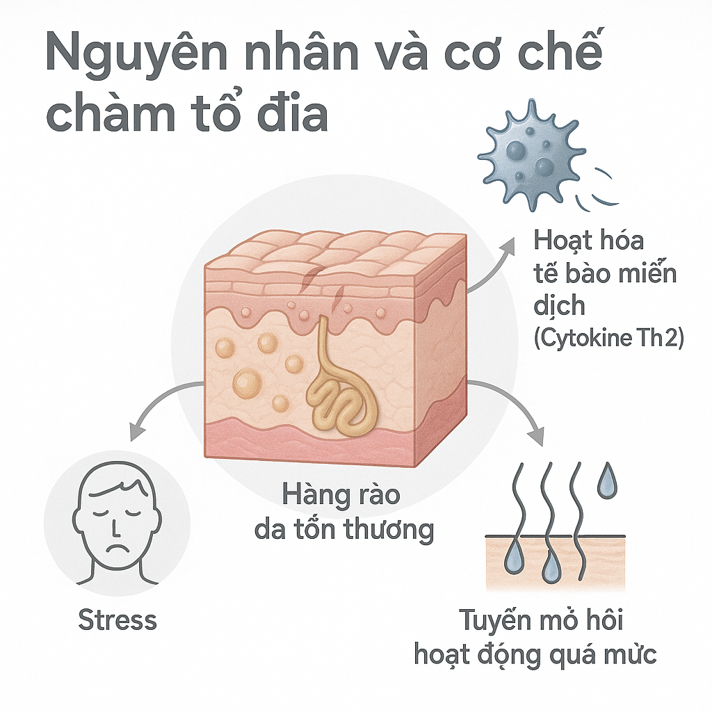 nguyen-nhan-cham-to-dia.png Sơ đồ minh họa cơ chế sinh bệnh học của chàm tổ đĩa: hàng rào da tổn thương, phản ứng miễn dịch và yếu tố môi trường.