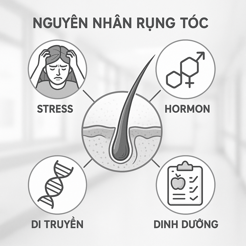 nguyen-nhan-rung-toc-anh-my-clinic.png Biểu đồ nguyên nhân rụng tóc phổ biến do di truyền, nội tiết và stress tại Phòng Khám Da Liễu Anh Mỹ