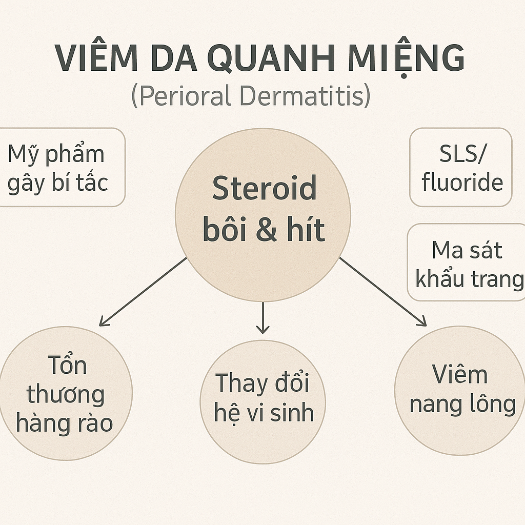  Infographic nguy&ecirc;n nh&acirc;n vi&ecirc;m da quanh miệng: steroid b&ocirc;i/h&iacute;t/xịt dẫn tới tổn thương h&agrave;ng r&agrave;o v&agrave; vi&ecirc;m quanh nang; k&egrave;m t&aacute;c nh&acirc;n mỹ phẩm b&iacute;t, SLS/fluoride, ma s&aacute;t khẩu trang, nắng gi&oacute;, hormone, Demodex.