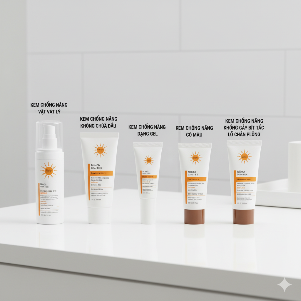 H&igrave;nh ảnh c&aacute;c loại kem chống nắng non-comedogenic v&agrave; oil-free ph&ugrave; hợp cho da mụn.