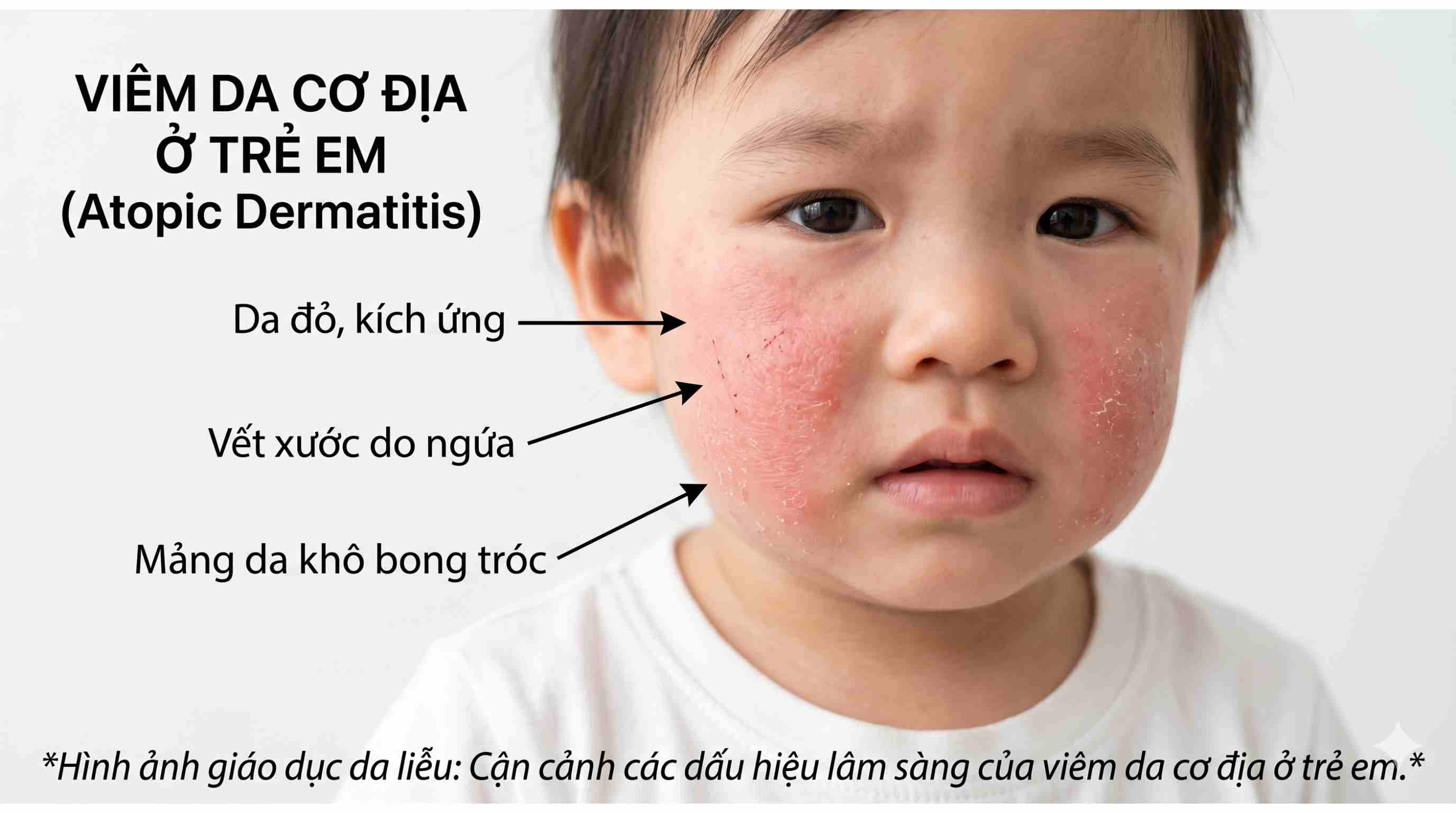 Dấu hiệu vi&ecirc;m da cơ địa trẻ: da đỏ, ngứa, nứt nẻ ở mặt