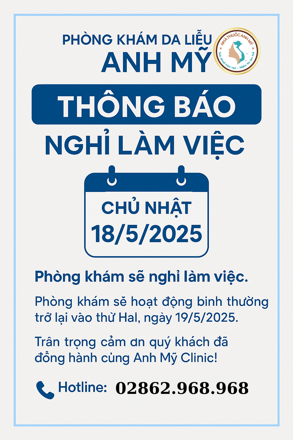 Thông báo nghỉ làm việc ngày Chủ Nhật, 18/5/2025