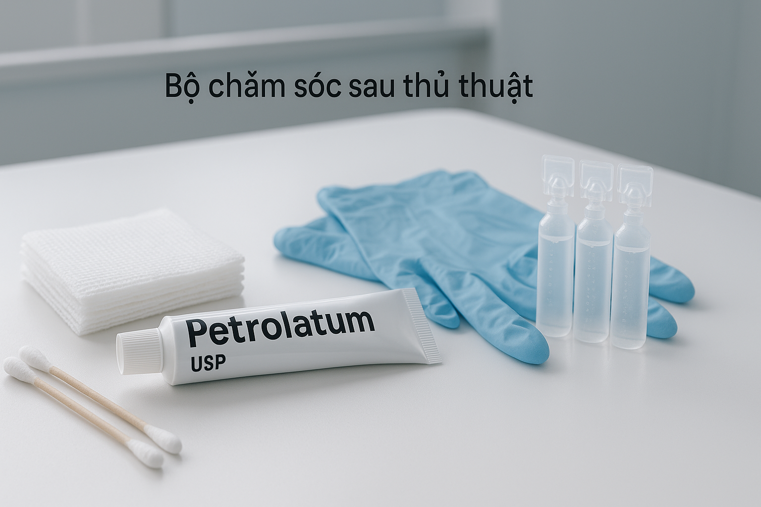 petrolatum-cham-soc-vet-thuong-sach.png Hộp petrolatum và vùng da sau laser sạch được chăm sóc.