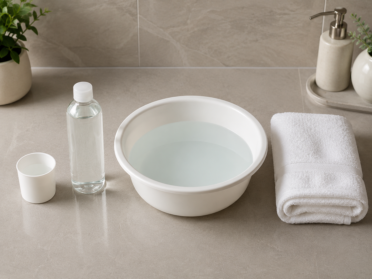 Quy tr&igrave;nh pha bleach bath NaOCl đ&uacute;ng chuẩn cho bệnh nh&acirc;n vi&ecirc;m da cơ địa bội nhiễm &mdash; chậu nước, cốc đong v&agrave; khăn mềm dưỡng ẩm sau tắm