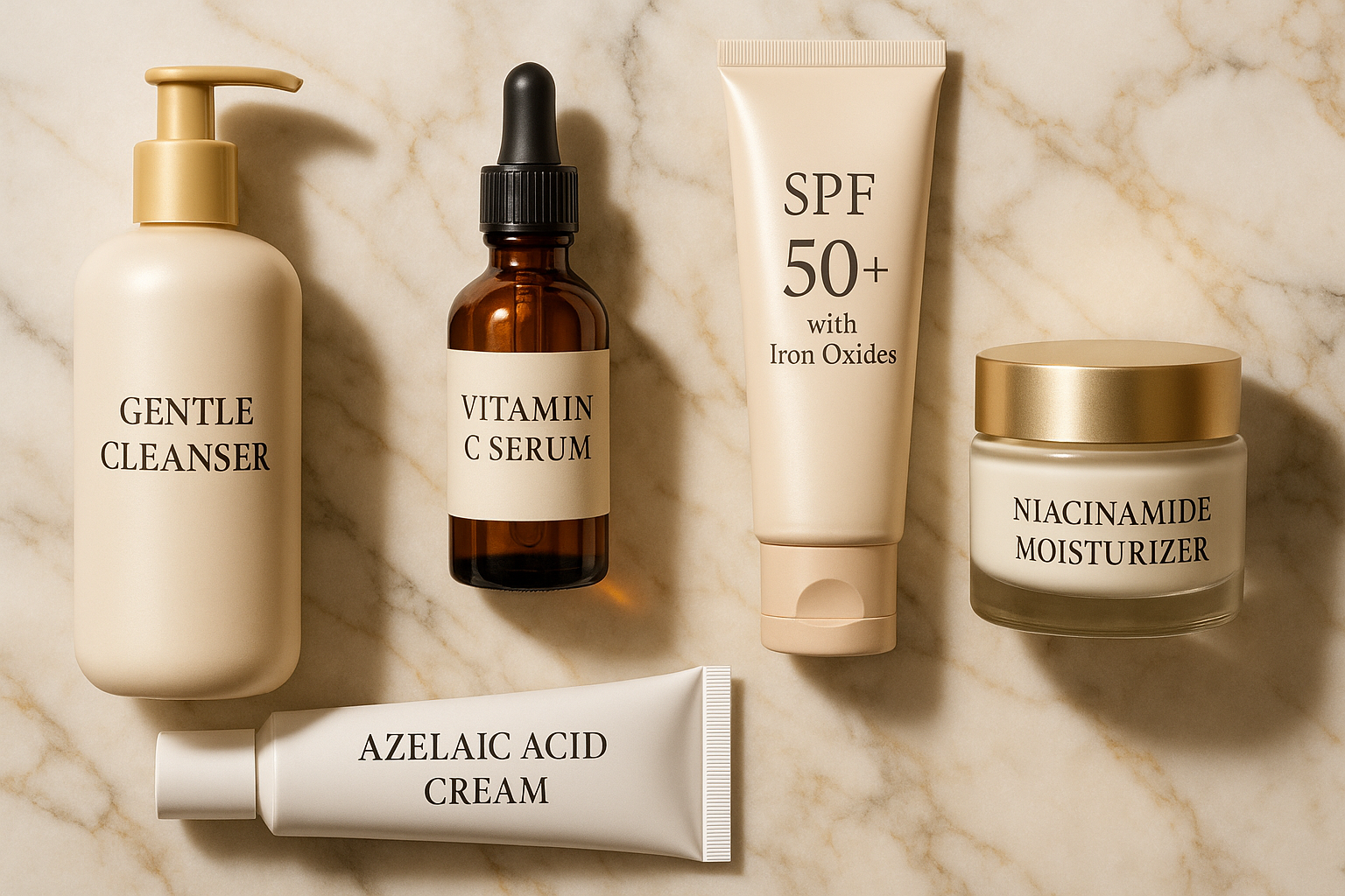 phac-do-cham-soc-da-nam-anh-my-clinic.png Phác đồ chăm sóc da nám khoa học với Vitamin C, Azelaic Acid và kem chống nắng có màu.