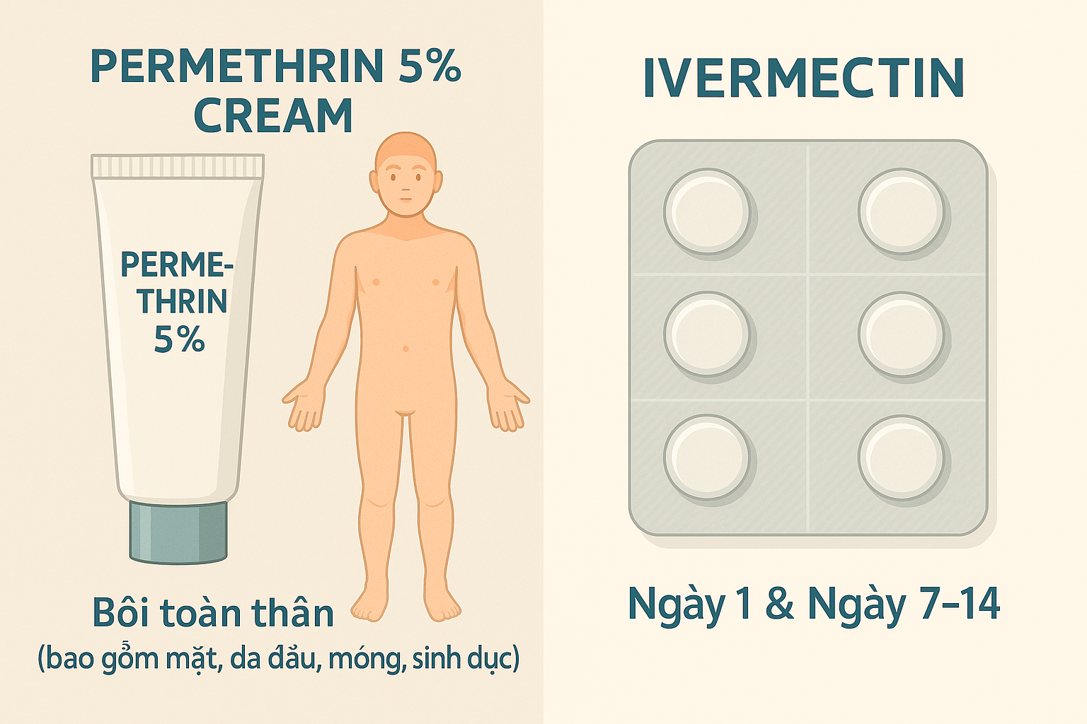 Ph&aacute;c đồ chuẩn  bệnh ghẻ &mdash; permethrin 5% b&ocirc;i to&agrave;n th&acirc;n v&agrave; ivermectin 2 liều c&aacute;ch 7&ndash;14 ng&agrave;y