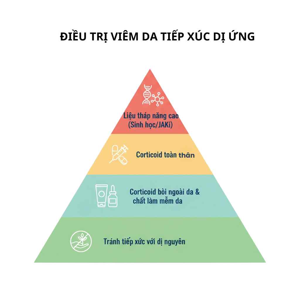 Ph&aacute;c đồ điều trị vi&ecirc;m da tiếp x&uacute;c dị ứng được x&acirc;y dựng theo từng cấp độ, với nền tảng l&agrave; tr&aacute;nh xa dị nguy&ecirc;n.