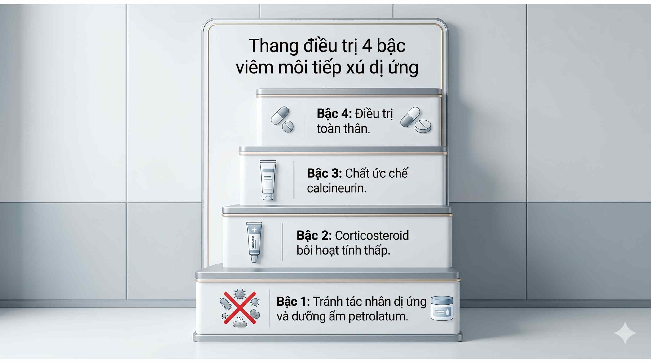 Ph&aacute;c đồ điều trị bậc thang vi&ecirc;m m&ocirc;i dị ứng từ dưỡng ẩm đến thuốc b&ocirc;i chuy&ecirc;n khoa