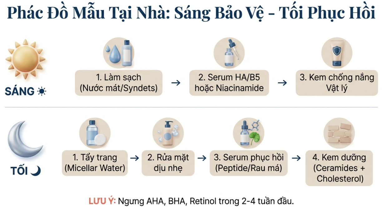 Ph&aacute;c đồ chăm s&oacute;c da tại nh&agrave; với routine s&aacute;ng bảo vệ v&agrave; tối phục hồi, gồm l&agrave;m sạch dịu nhẹ, serum HA/B5 hoặc niacinamide, kem chống nắng vật l&yacute; ban ng&agrave;y v&agrave; buổi tối tập trung tẩy trang, serum phục hồi v&agrave; kem dưỡng ceramides