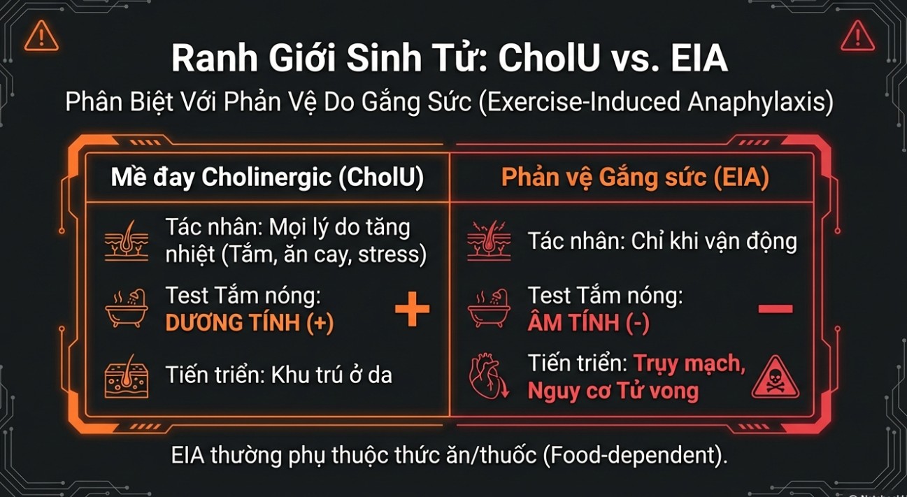 Bảng so s&aacute;nh cảnh b&aacute;o ph&acirc;n biệt Mề đay Cholinergic (CholU) v&agrave; Phản vệ do gắng sức (EIA). H&igrave;nh ảnh n&ecirc;u r&otilde; sự kh&aacute;c biệt về t&aacute;c nh&acirc;n k&iacute;ch hoạt (nhiệt độ vs vận động), kết quả test tắm n&oacute;ng (dương t&iacute;nh vs &acirc;m t&iacute;nh) v&agrave; mức độ nguy hiểm (khu tr&uacute; ở da vs trụy mạch tử vong).