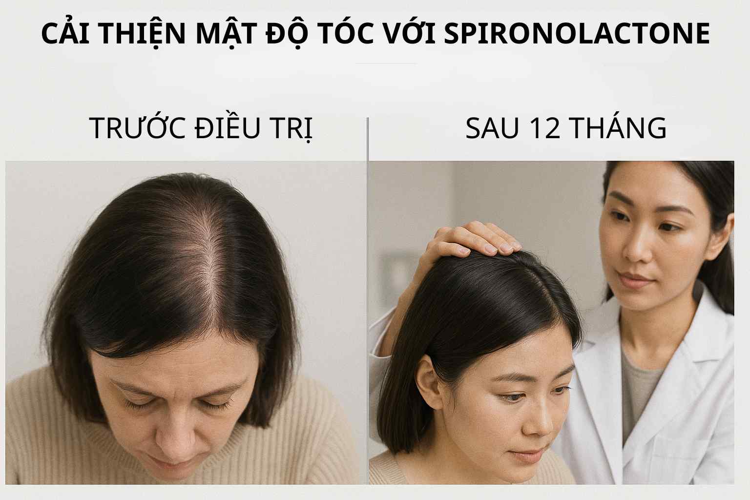 H&igrave;nh minh họa kết quả cải thiện mật độ t&oacute;c khi d&ugrave;ng spironolactone trong FPHL.