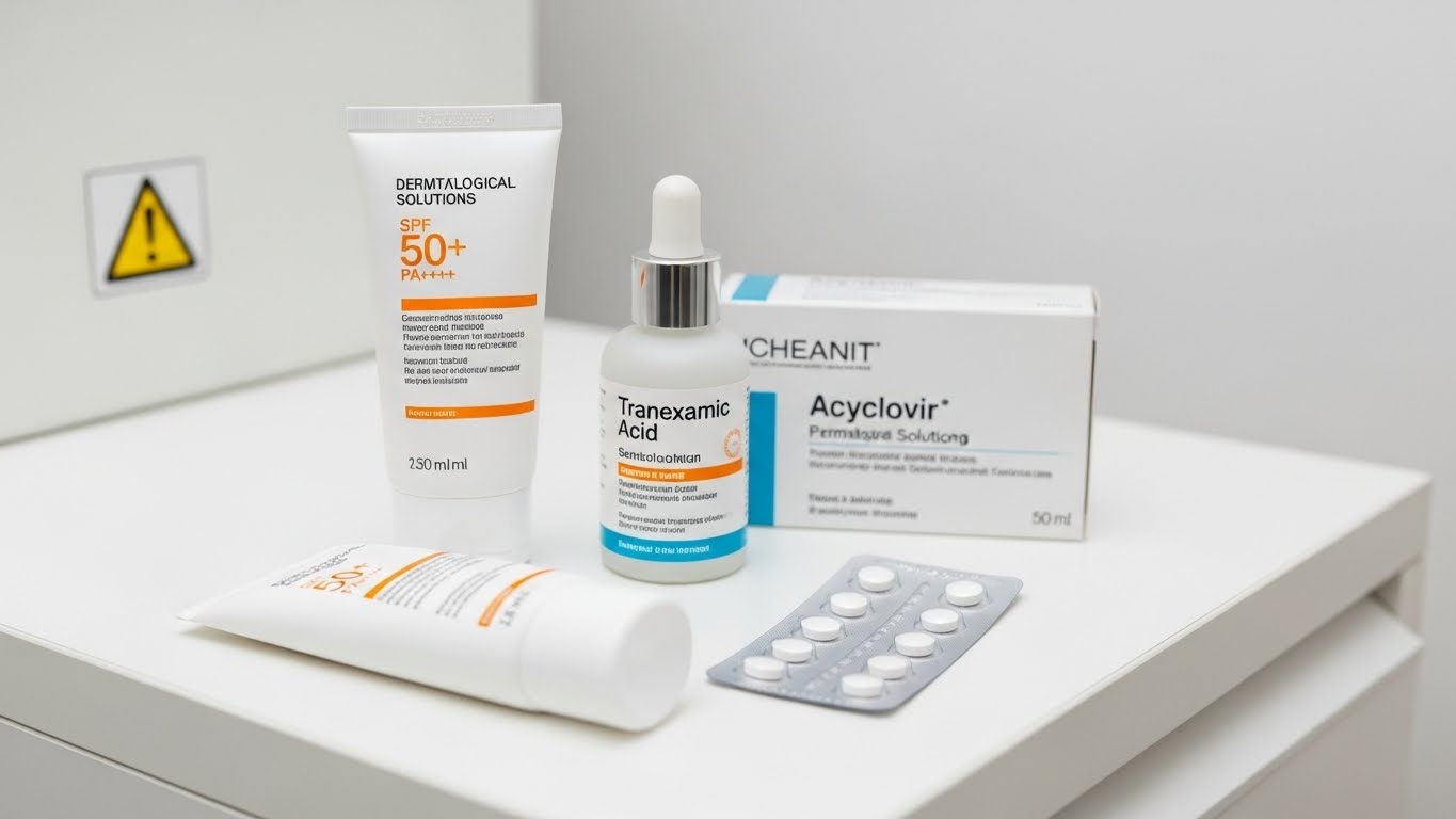 Các phương pháp phòng ngừa biến chứng sau laser: Chống nắng SPF 50+, Serum Tranexamic Acid và thuốc kháng virus Acyclovir.