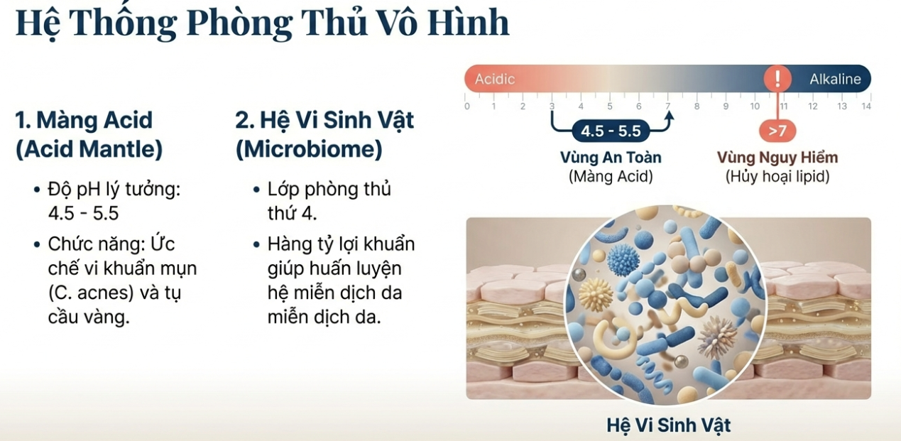 phong-thu-vo-hinh-cua-da.png Sơ đồ hệ thống phòng thủ vô hình của da gồm màng acid pH 4.5–5.5 và hệ vi sinh vật giúp bảo vệ hàng rào da, ức chế vi khuẩn gây mụn và duy trì cân bằng sinh học