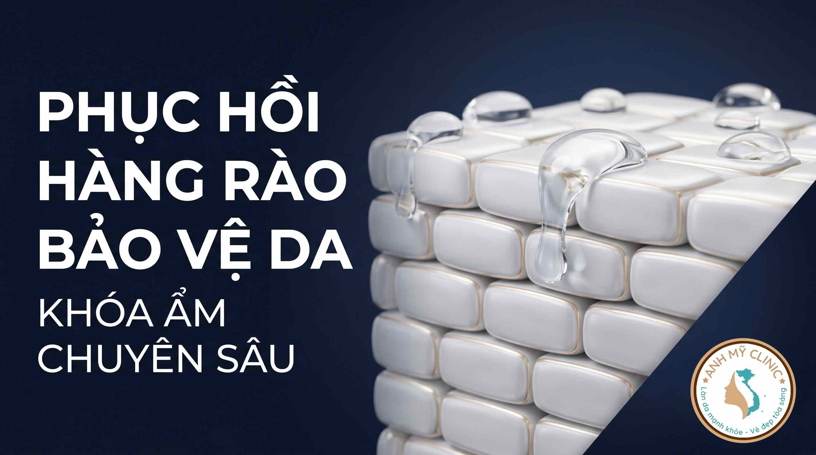 H&igrave;nh ảnh m&ocirc; phỏng h&agrave;ng r&agrave;o bảo vệ da dưới dạng bức tường gạch trắng viền v&agrave;ng kim, c&oacute; giọt nước biểu thị kh&oacute;a ẩm, với văn bản tiếng Việt 