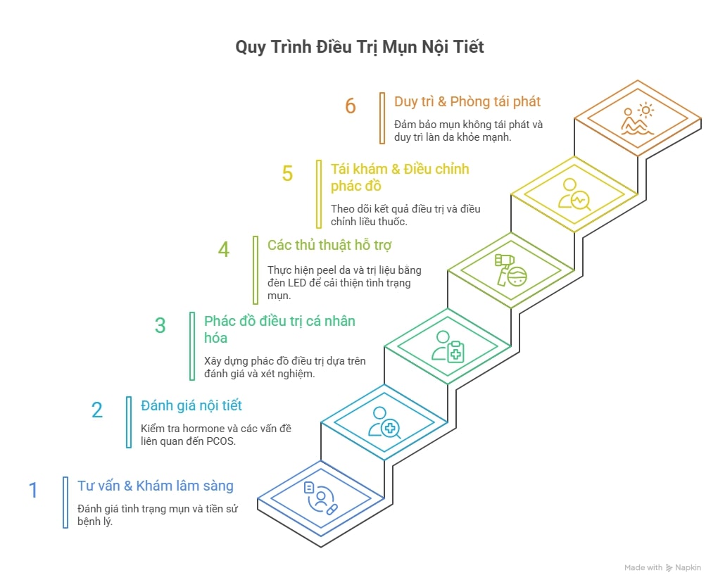Infographic m&ocirc; tả quy tr&igrave;nh 6 bước điều trị mụn nội tiết tuổi dậy th&igrave; tại Ph&ograve;ng Kh&aacute;m Da Liễu Anh Mỹ.