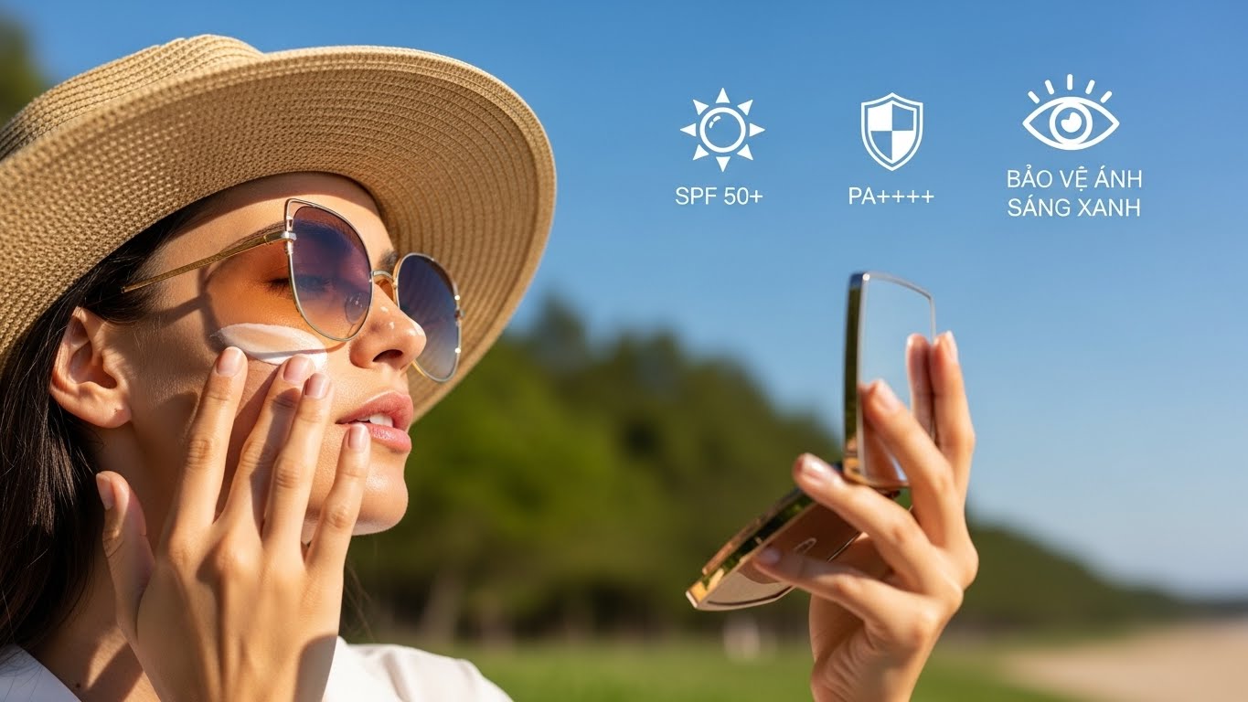 Quy trình chống nắng chuẩn y khoa sau laser với SPF 50+ và mũ rộng vành.