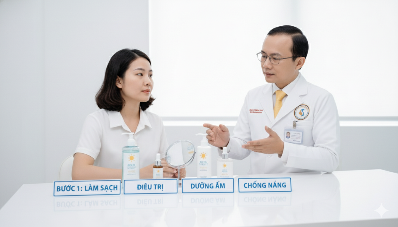 quy-trinh-ctmp-sang-bs-truong-le-dao-anhmyclinic.png Bác sĩ da liễu hướng dẫn bệnh nhân da mụn thực hiện quy trình chăm sóc sáng gồm làm sạch, điều trị, dưỡng ẩm và chống nắng