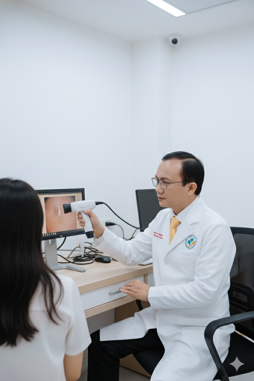 quy-trinh-dieu-tri-rung-toc-anh-my-clinic.png Bác sĩ Trương Lê Đạo kiểm tra da đầu và lập liệu trình điều trị rụng tóc cá nhân hóa tại Phòng Khám Da Liễu Anh Mỹ