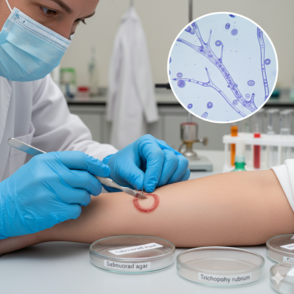 quy-trinh-xet-nghiem-koh-phong-kham-anh-my.png Bác sĩ lấy mẫu rìa tổn thương để soi KOH, phát hiện sợi nấm và nuôi cấy định danh loài gây bệnh.
