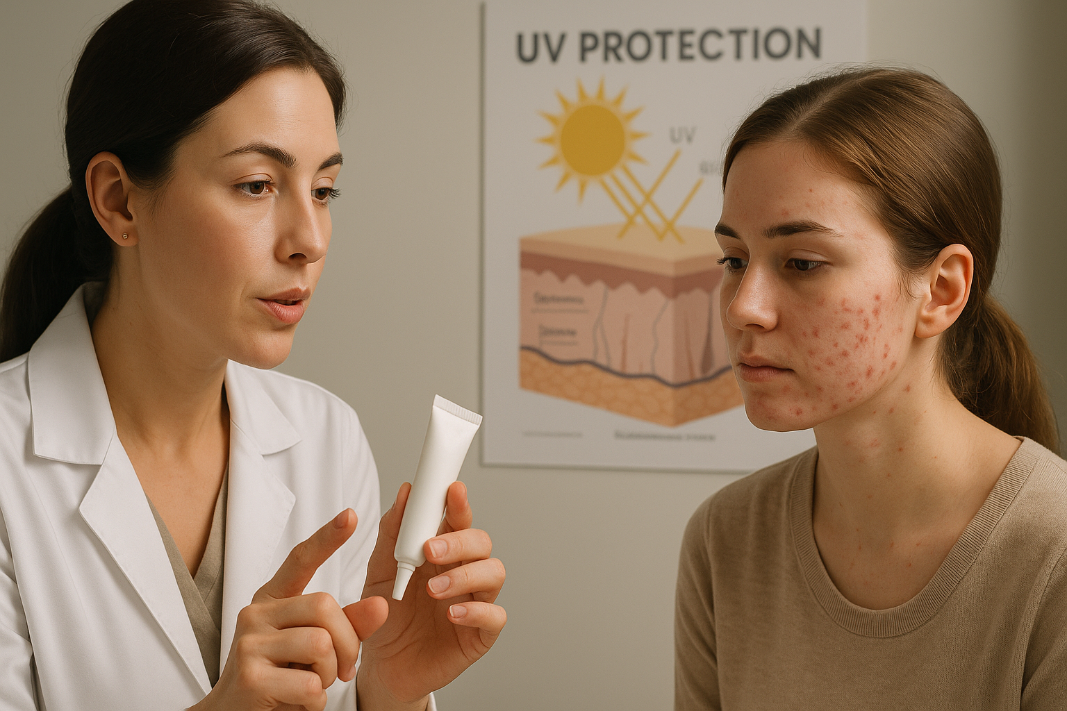 retinoids-va-nhay-cam-anh-sang-anhmyclinic.png Bác sĩ da liễu hướng dẫn bệnh nhân dùng kem chống nắng khi điều trị mụn bằng retinoid để tránh kích ứng ánh sáng.