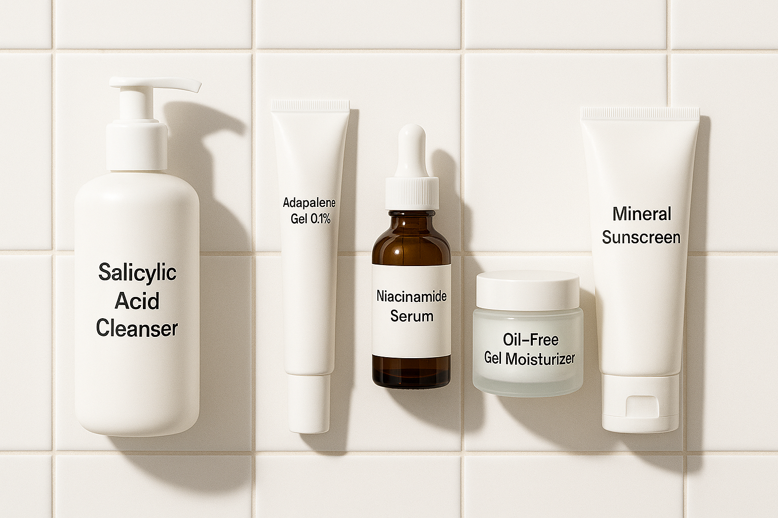 Quy tr&igrave;nh chăm s&oacute;c da dầu mụn chuẩn y khoa với Salicylic Acid v&agrave; Adapalene.