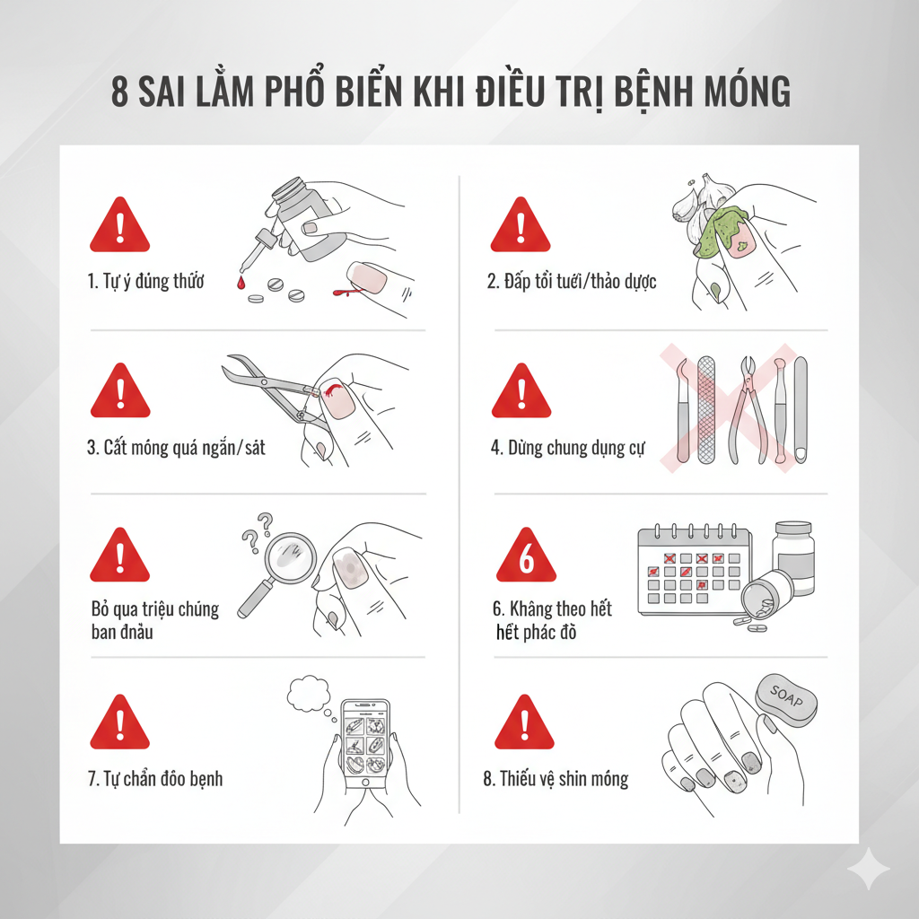 H&igrave;nh minh họa c&aacute;c sai lầm phổ biến khi tự điều trị bệnh m&oacute;ng &ndash; Ph&ograve;ng Kh&aacute;m Da Liễu Anh Mỹ.