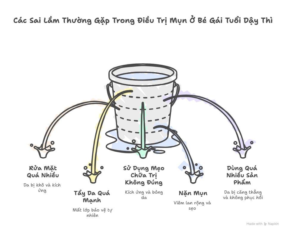 H&igrave;nh infographic m&ocirc; tả sai lầm phổ biến khi tự điều trị mụn tuổi dậy th&igrave;: rửa mặt qu&aacute; nhiều, nặn mụn, d&ugrave;ng sản phẩm sai c&aacute;ch.