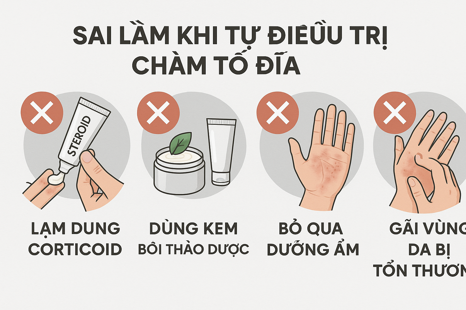 Sơ đồ minh họa c&aacute;c sai lầm phổ biến khi tự điều trị ch&agrave;m tổ đĩa như lạm dụng thuốc v&agrave; kh&ocirc;ng dưỡng ẩm.