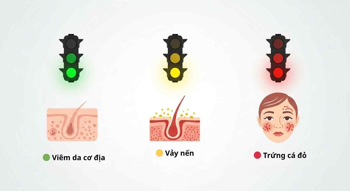 slugging-trong-eczema-rosacea.jpg Biểu tượng eczema, vảy nến, rosacea với tín hiệu đèn giao thông.