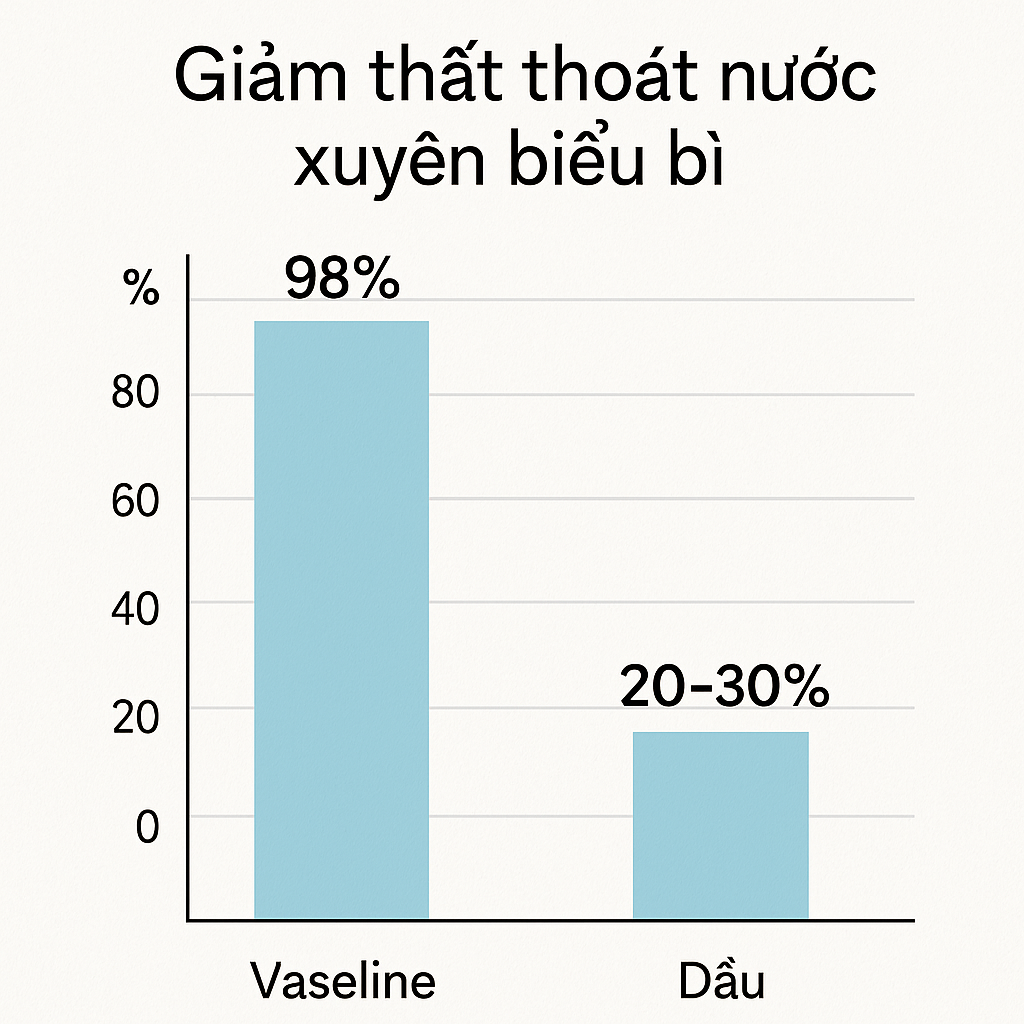 Biểu đồ TEWL giảm 98% khi d&ugrave;ng petrolatum so với dầu tự nhi&ecirc;n.