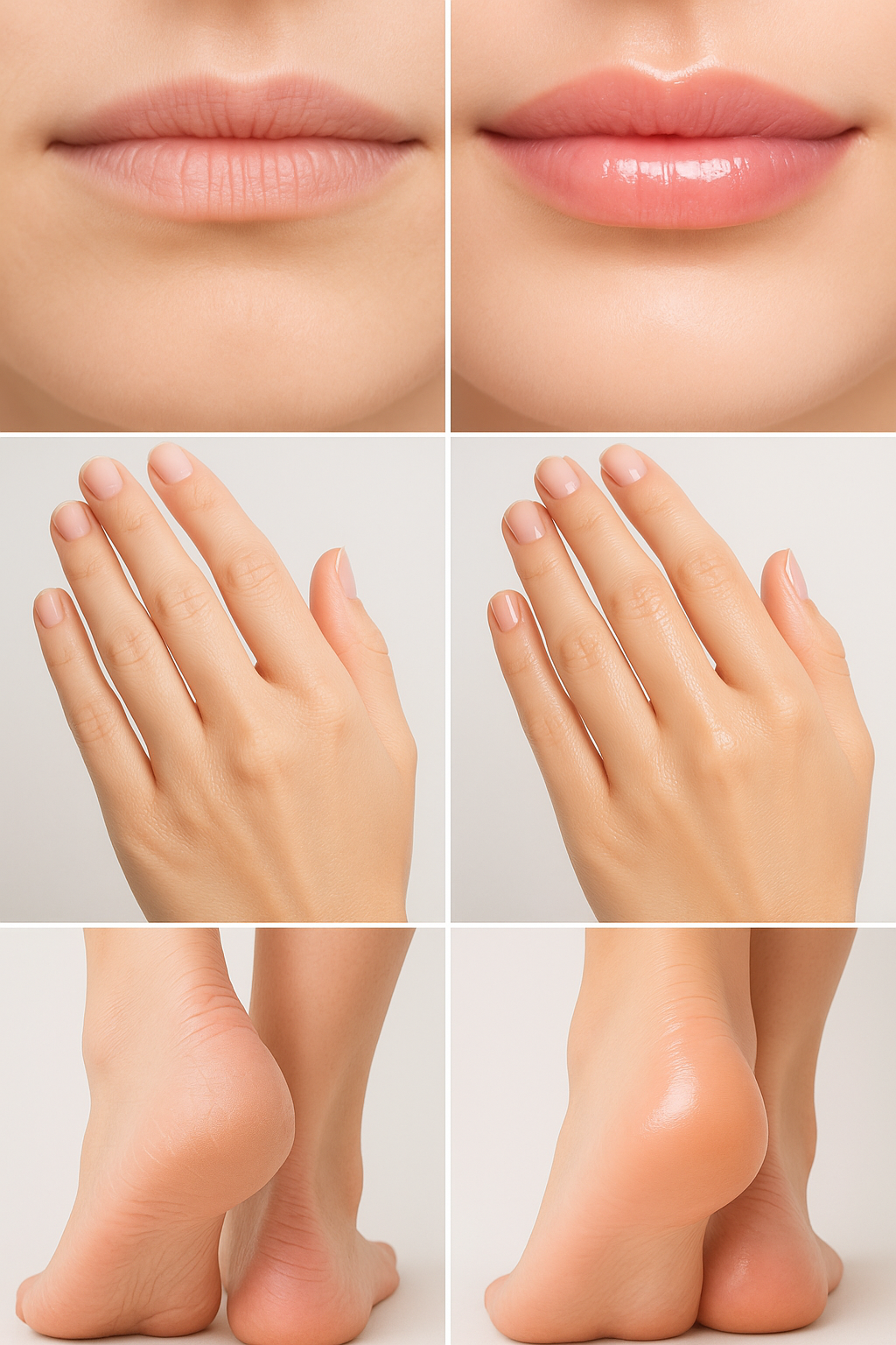 slugging-vung-moi-tay-got.png Cận cảnh vùng môi, tay, gót được dưỡng bằng petrolatum.