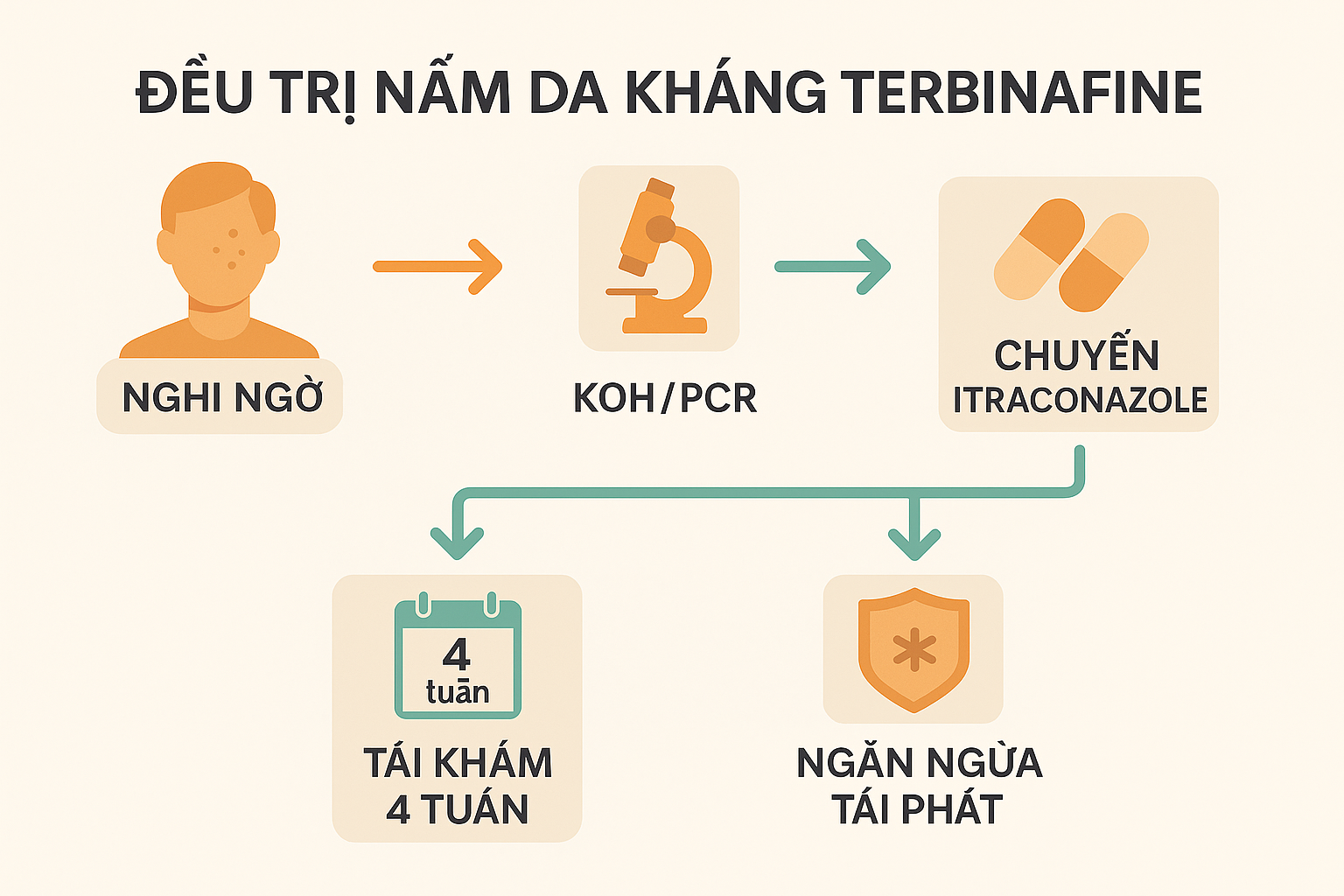 so-do-nam-da-khang-terbinafine-anhmyclinic.png Sơ đồ thuật toán điều trị nhiễm nấm da kháng terbinafine (T. indotineae): chuyển sang itraconazole và theo dõi đáp ứng.