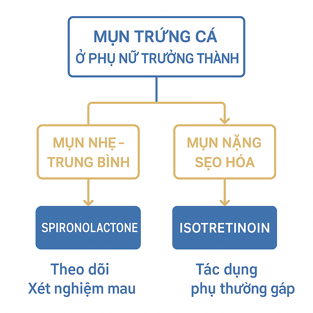 so-do-quyet-dinh-spironolactone-va-isotretinoin-mun-trung-ca-nu-2.png Lưu đồ minh họa cách chọn Spironolactone hoặc Isotretinoin dựa theo mức độ mụn và yếu tố nội tiết.