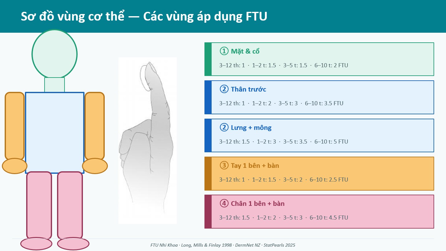 Sơ đồ FTU nhi khoa &ndash; 5 v&ugrave;ng cơ thể &aacute;p dụng liều b&ocirc;i corticosteroid cho trẻ em theo nh&oacute;m tuổi từ 3 th&aacute;ng đến 10 tuổi