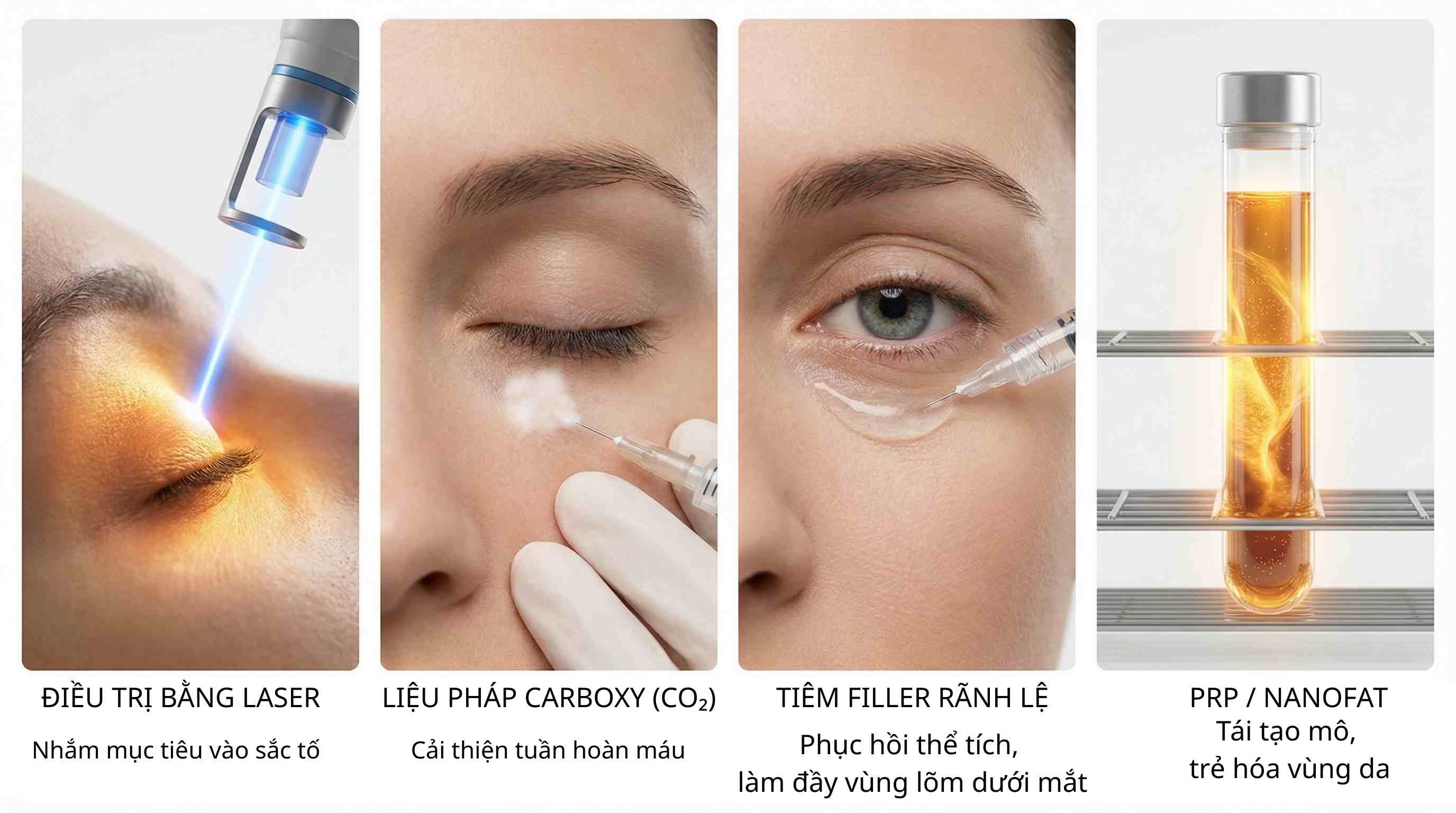 C&aacute;c phương ph&aacute;p trị th&acirc;m mắt: Laser Picosecond, Carboxytherapy, Filler v&agrave; Cấy mỡ Nano.