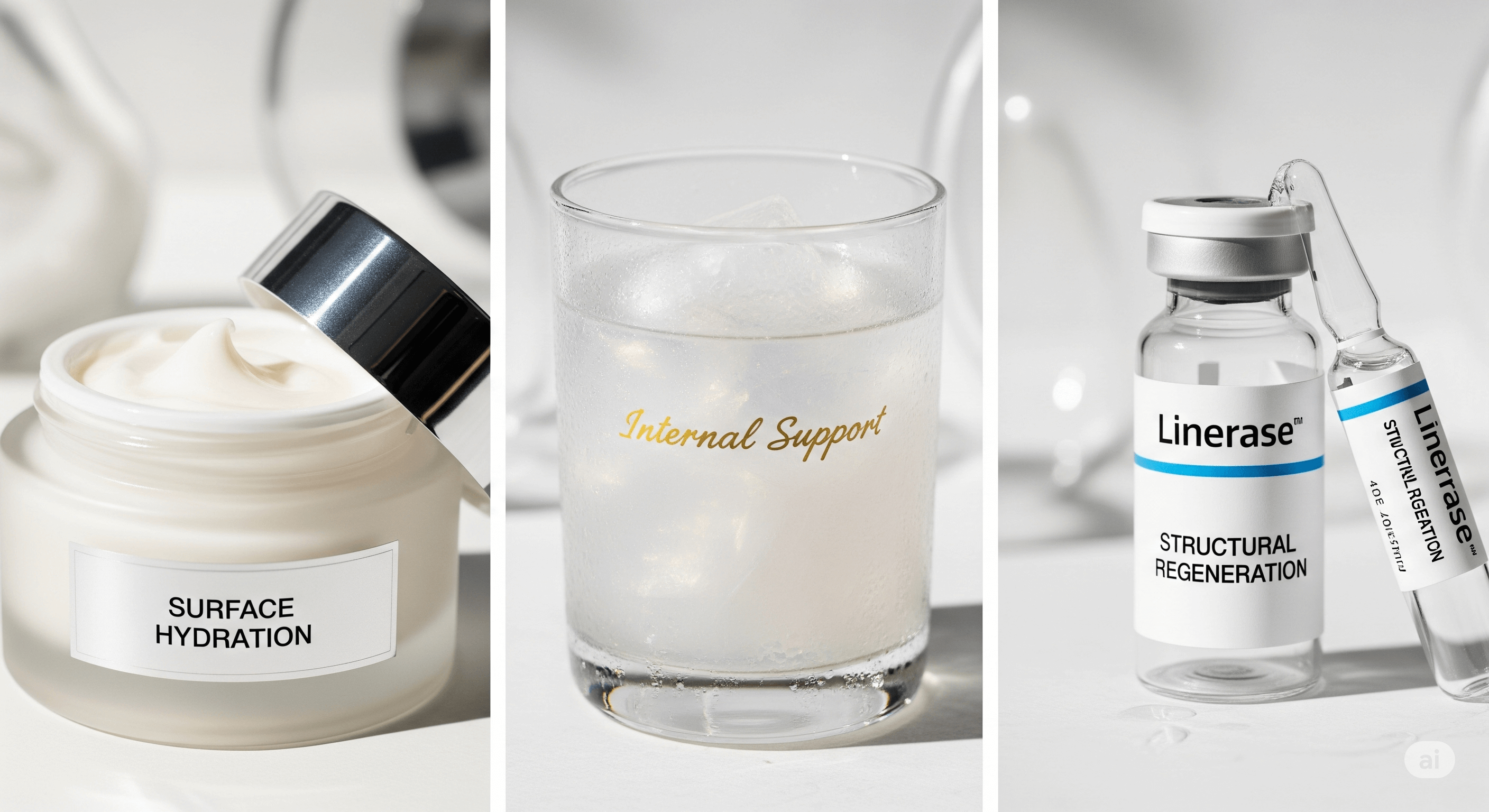 so-sanh-collagen-boi-uong-tiem-2.png So sánh trực quan ba phương pháp bổ sung collagen: Dưỡng ẩm bề mặt (Bôi), Hỗ trợ từ trong (Uống), và Tái tạo cấu trúc (Tiêm).