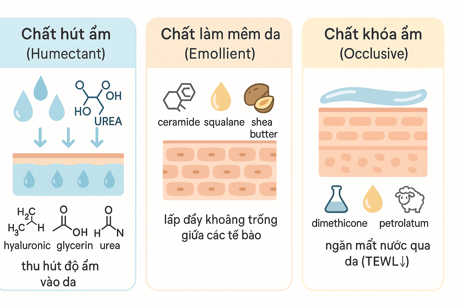 Sơ đồ ba nh&oacute;m: humectant &ndash; emollient &ndash; occlusive.