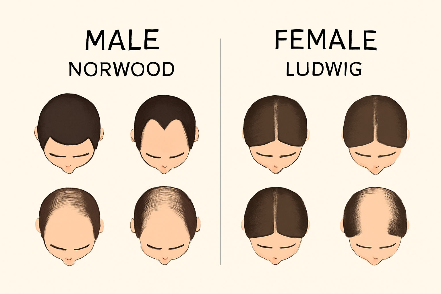 so-sanh-rung-toc-nam-nu.png Biểu đồ so sánh kiểu rụng tóc nam và nữ theo thang Norwood–Ludwig.