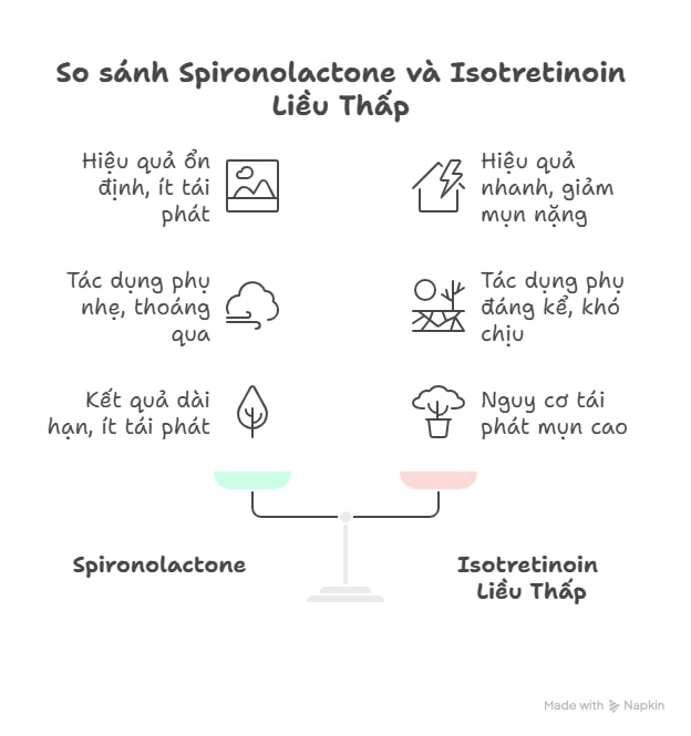 Infographic so s&aacute;nh ưu v&agrave; nhược điểm của spironolactone v&agrave; isotretinoin liều thấp trong điều trị mụn ở nữ tuổi dậy th&igrave;.