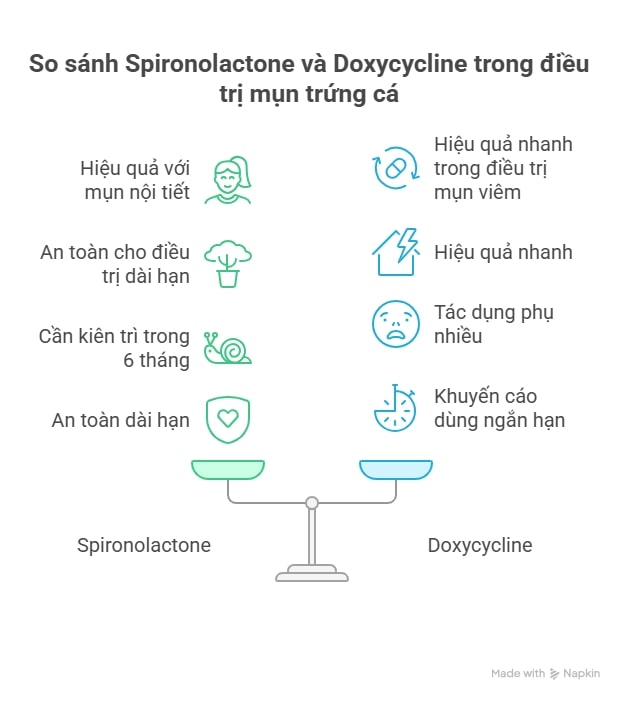 Infographic so s&aacute;nh spironolactone v&agrave; kh&aacute;ng sinh trong điều trị mụn: hiệu quả d&agrave;i hạn v&agrave; ưu điểm kh&aacute;ng androgen.